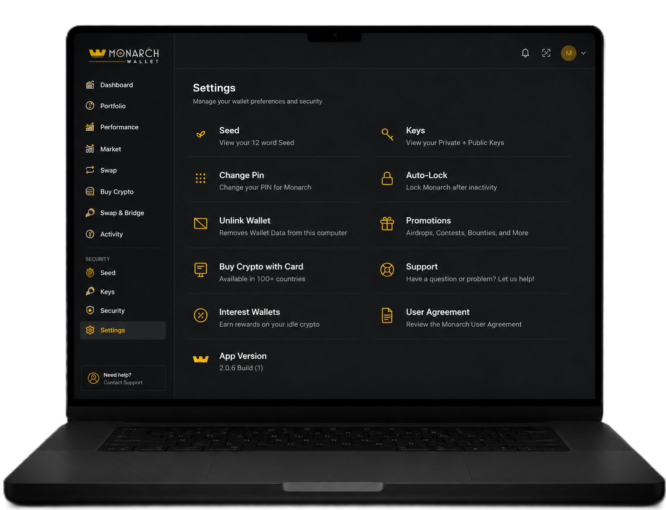 Monarch Wallet security and self-custody settings screen.