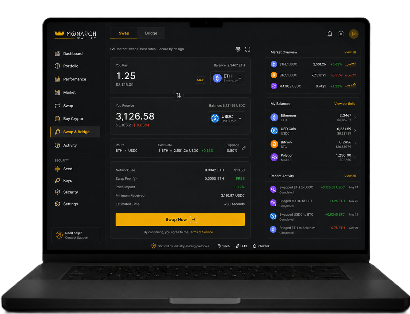 Monarch Wallet built-in exchange screen for swapping crypto assets.